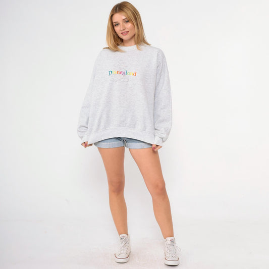 90s Disneyland Mickey Mouse Rainbow Embroidered Sweatshirt Heather Grey Extra Large