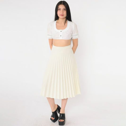 70s Cream Pleated Midi Skirt High Waist Elastic Large L
