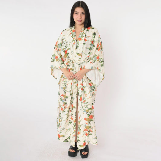 60s Japanese Silk Kimono Robe Ivory Floral Print Wide Sleeve Maxi