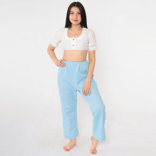 70s Baby Blue Polka Dot Flared Pants High Waist Elastic Small