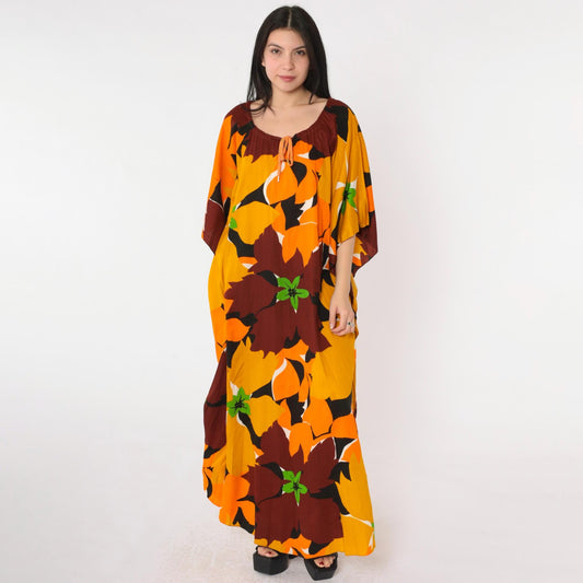 70s Hawaiian Caftan Maxi Dress Floral Mustard Orange Brown One Size