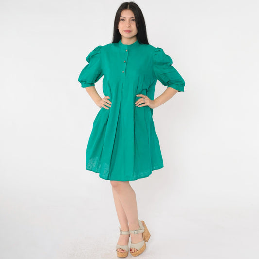 80s Jordache Green Puff Sleeve Mini Dress Pleated Tent Cut Button Bib Medium