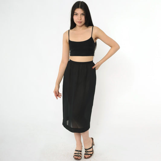 80s Black Sheer Midi Skirt High Waist Straight Cut Small