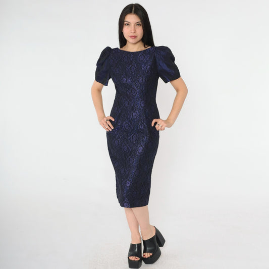80s Purple Taffeta Lace Sheath Dress Puff Sleeve Boat Neck Knee Length Extra Small
