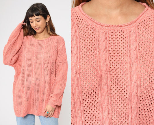 90s Metallic Pink Cable Knit Sweater Openwork Pullover Plus Size XXL
