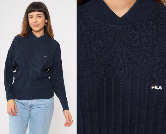 90s FILA Navy Wool Pullover Sweater Shawl Collar Ribbed Knit Small