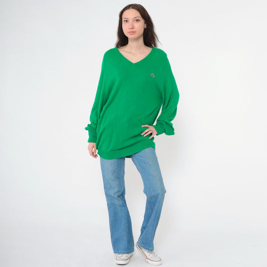80s Izod Lacoste Green V-Neck Sweater Crocodile Logo Pullover Large L