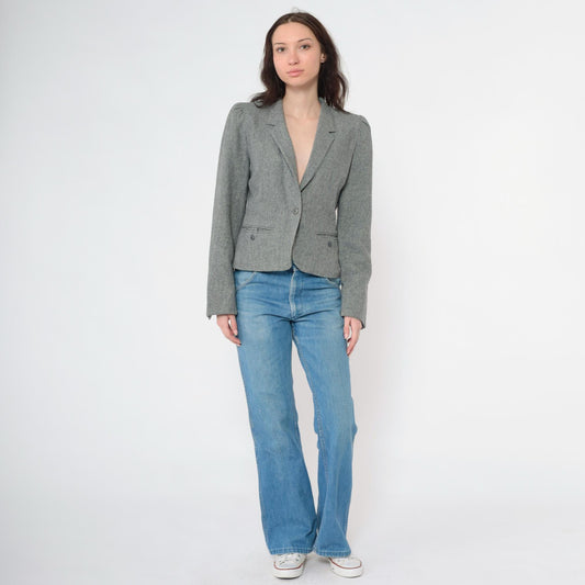 80s Grey Wool Blend Blazer Puff Sleeve Button-Up Jacket Small