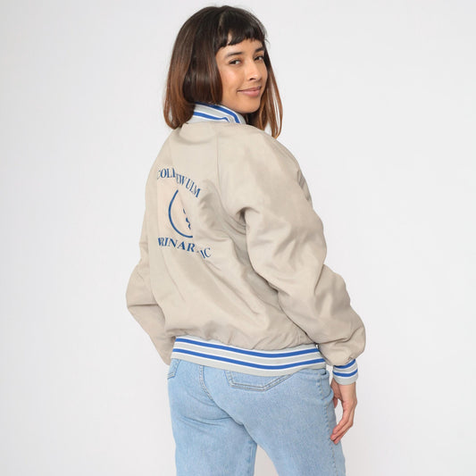 80s Butwin Veterinary Clinic Bomber Jacket Beige Royal Blue Snap Medium