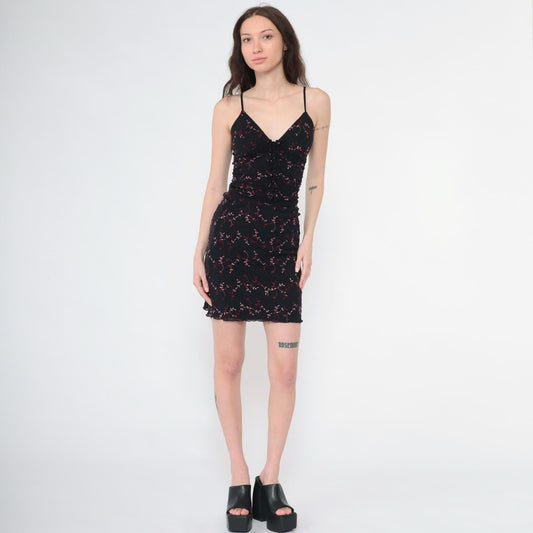 Y2K Fredericks of Hollywood Floral Bodycon Mini Dress Black Spaghetti Strap Extra Small