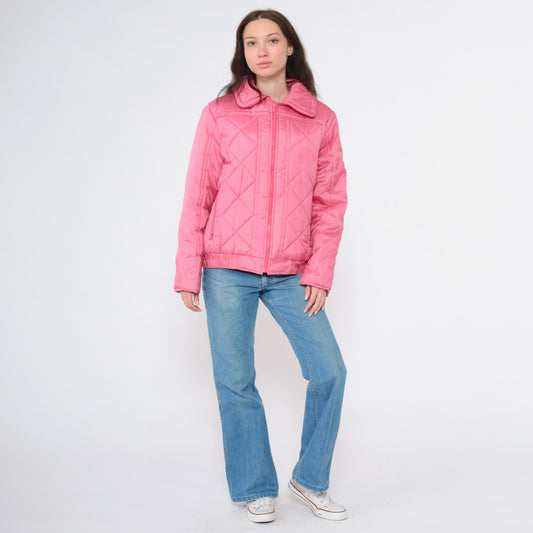 80s Pink Quilted Puffer Ski Jacket Zip-Up Winter Coat Medium