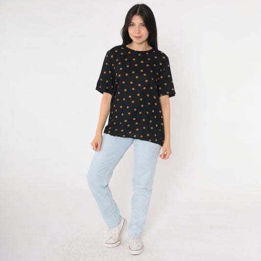 80s Norton McNaughton Black Coin Print Blouse Keyhole Back Medium