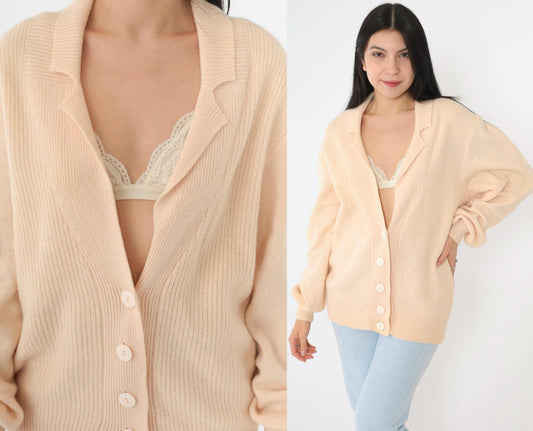 80s Peach Wool Angora Cardigan Deep V Neck Ribbed Button Up Medium