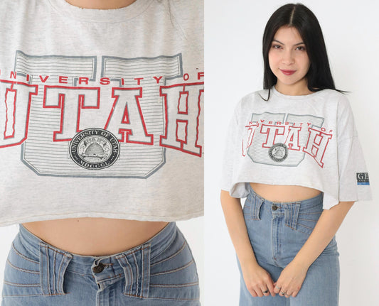 90s University of Utah Utes Crop Top Grey Graphic T-Shirt Cotton Medium