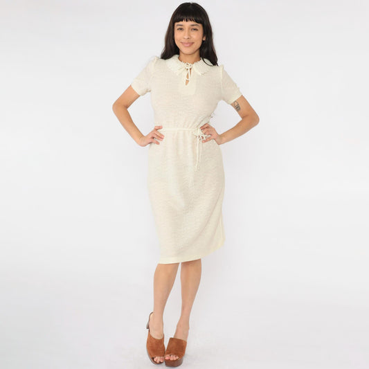 70s Sears Cream Knit Midi Dress Puff Sleeve Keyhole Neck Extra Small