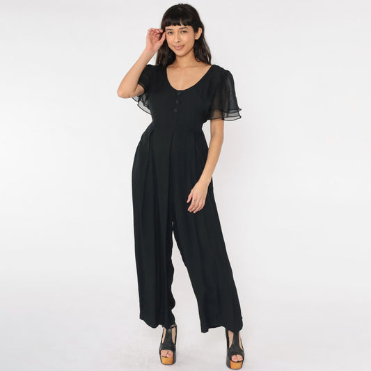 90s Black Wide Leg Jumpsuit Chiffon Flutter Sleeve Scoop Neck Medium M