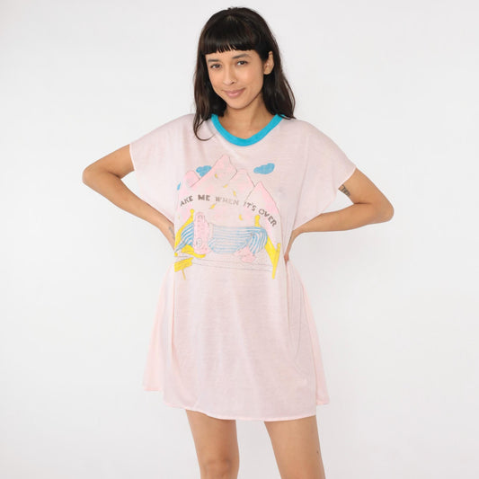 80s Teddy Bear Pajama Dress Wake Me When It's Over Ringer Nightgown Pink Small