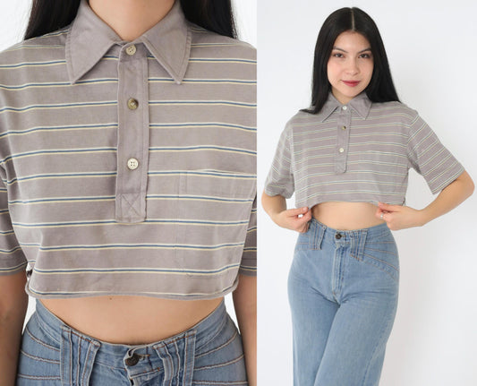 90s Christian Dior Polo Shirt Grey Striped Crop Top Small S