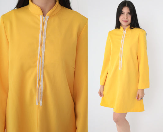 70s Yellow Mod Shift Dress Front Zip Wide Sleeve Mandarin Collar Mini Small