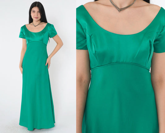 90s Kelly Green Satin Maxi Dress Empire Waist Rosette Low Back Small