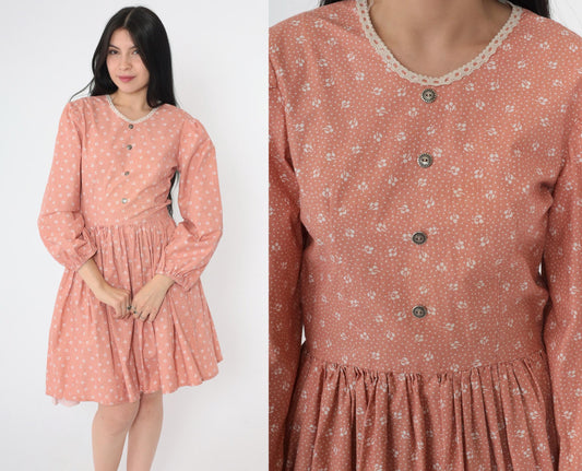 70s Peach Calico Floral Mini Dress Puff Sleeve High Waist Small