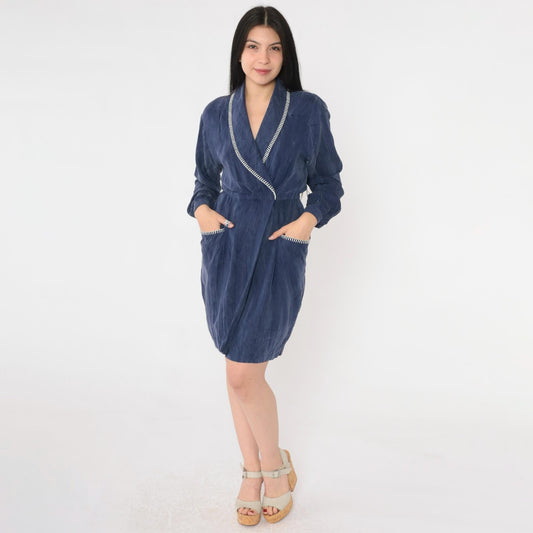 90s Petite Sophisticate Navy Faux Wrap Dress Rayon Shawl Collar Mini Small