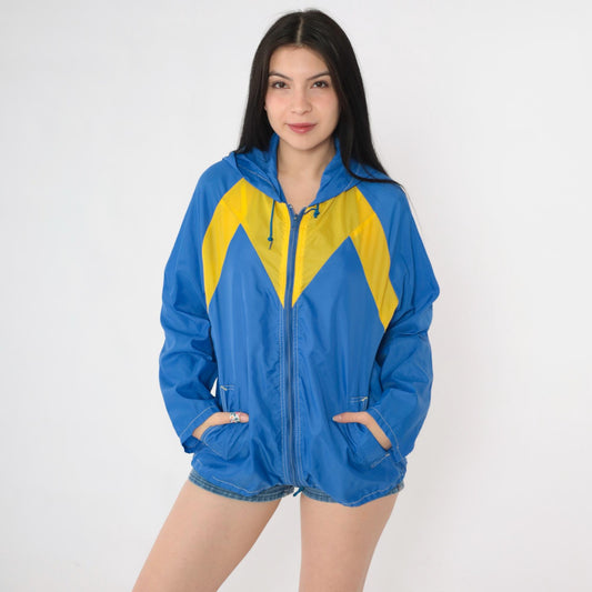 80s Blue Yellow Color Block Windbreaker Hooded Zip Jacket Medium