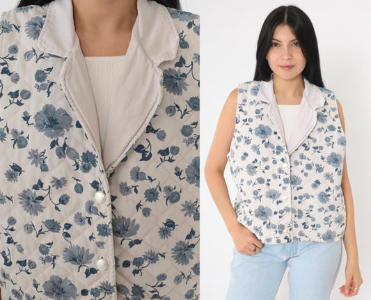 90s Quilted Floral Vest White Blue Button Front Collared Medium M