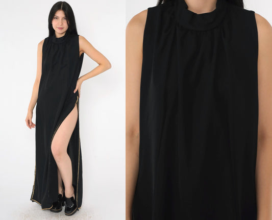 70s Black Evening Gown Gold Trim High Mock Neck Maxi Side Slits Large