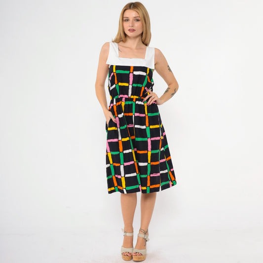 80s Black Checkered Midi Dress Sailor Collar High Waist Sleeveless Small
