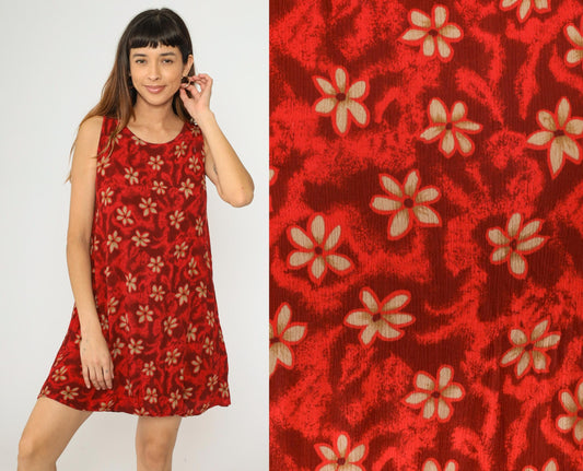 90s Red Floral Hawaiian Mini Dress Sleeveless A-Line Sundress Small