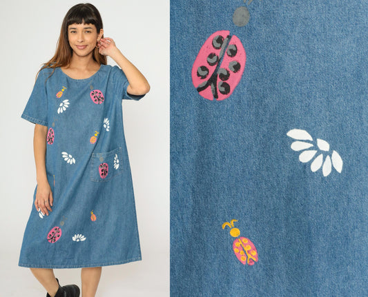 90s Denim Midi Dress Ladybug Floral Print Shift Blue Short Sleeve Large L