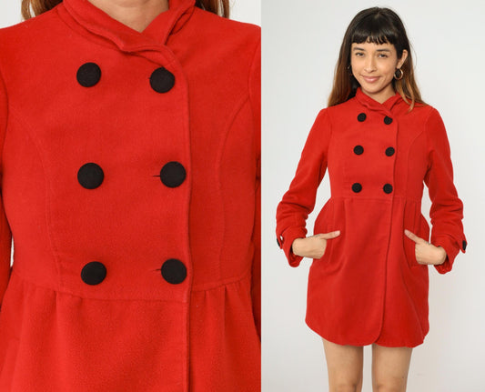 90s Red Wool Peacoat Double Breasted Princess Seams XXS