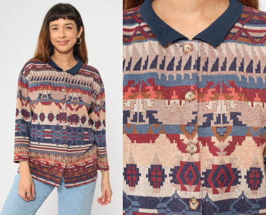 90s Southwestern Tapestry Button Up Blouse Navy Blue Red Long Sleeve Extra Small