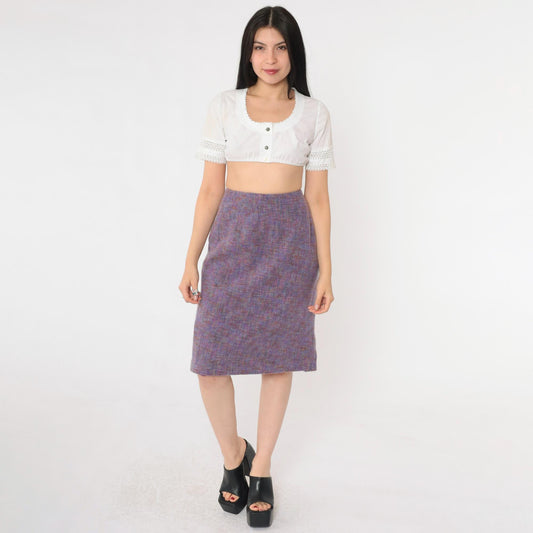 90s Worth Wool Tweed Pencil Skirt Purple High-Waist Knee-Length Small