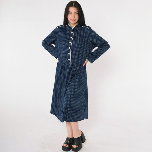 70s Polka Dot Midi Shirtdress Navy Blue High Waist Button Up Long Sleeve Large L