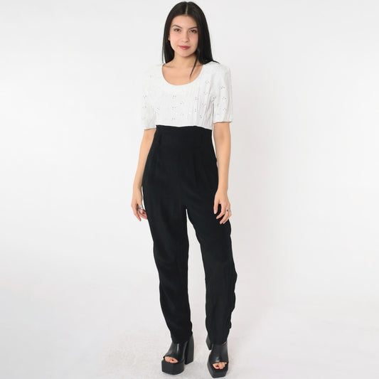80s Black White Eyelet Lace Jumpsuit Scoop Neck High Waist Small