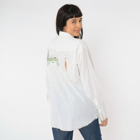 70s Dee-Cee Western Shirt Hand-Painted Fly Fishing Scene Pearl Snap Large L