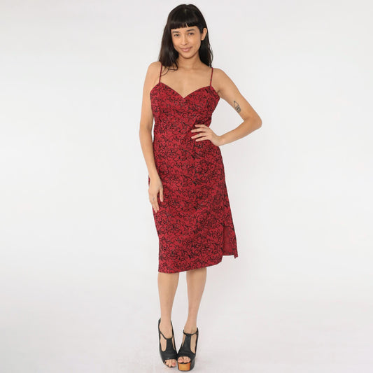 90s La Belle Red Floral Midi Dress Glittery Flocked Empire Waist Medium