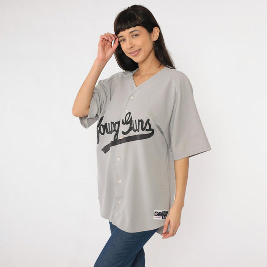 90s Young Guns Baseball Jersey Don Alleson Athletic Grey Button Up Large