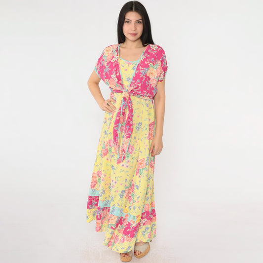 90s Bila Floral Maxi Dress Yellow Pink Rayon Tie Overlay Scoop Neck Large L
