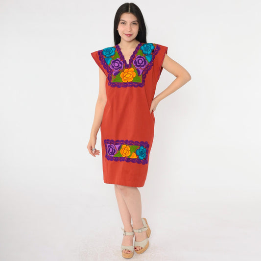 90s Red Mexican Embroidered Midi Dress Floral Tunic Cap Sleeve Medium