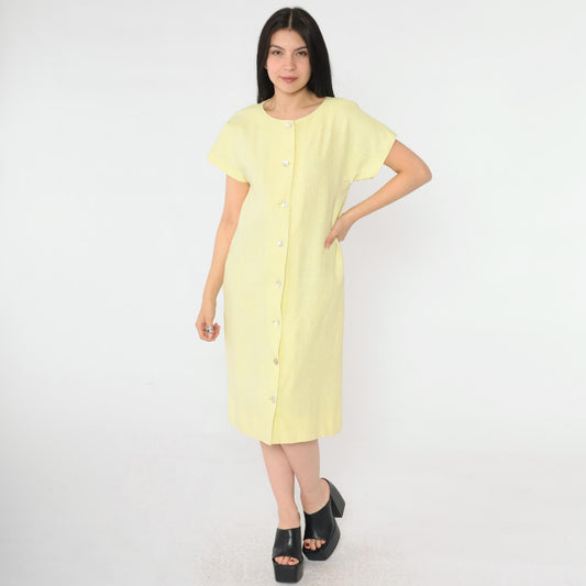 90s Yellow Linen-Look Button-Up Shift Dress Short Sleeve Small S