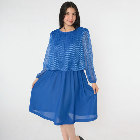 80s Royal Blue Midi Dress Puff Sleeve High Waist Pleated Bodice Small