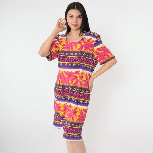 90s Sag Harbor Floral Striped Shift Dress Short Sleeve Mini Scoop Neck Large