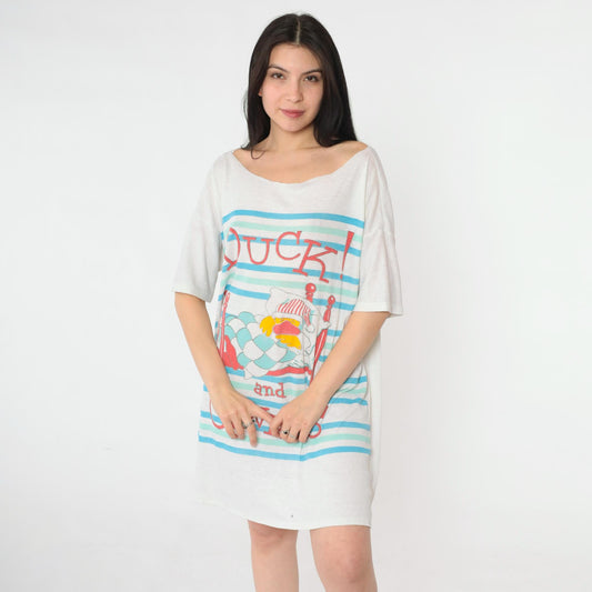 80s Duck and Covers Nightshirt Striped Cotton Sleep Tee Graphic Dress