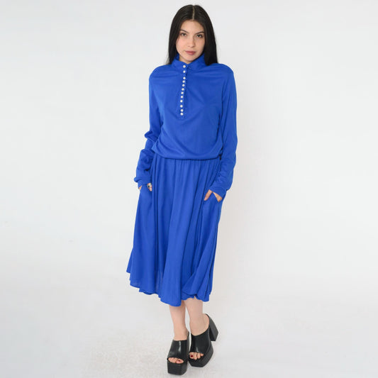 80s Royal Blue Midi Shirtdress Button-Up High Elastic Waist Long Sleeve Medium
