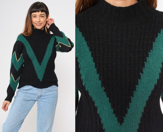 80s Skyr Sportswear Wool Sweater Chevron Zigzag Mock Neck Black Extra Small