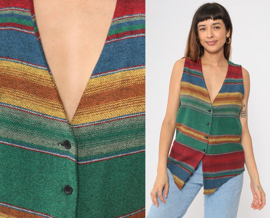 90s Striped Southwestern Woven Vest Multicolor V-Neck Button-Up Small