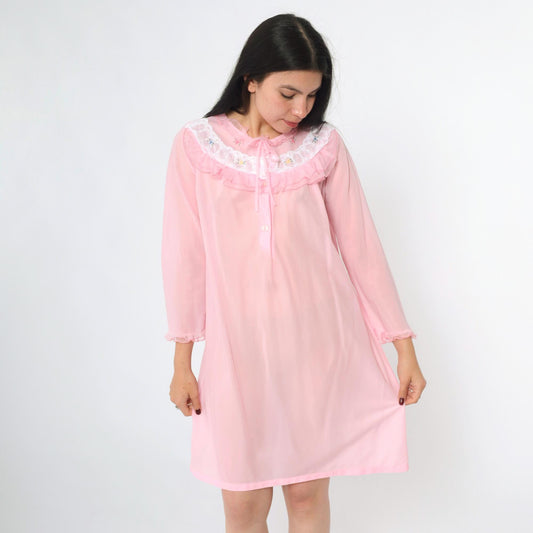 70s Pink Nylon Nightgown Ruffled Lace Collar Floral Embroidery Long Sleeve Small